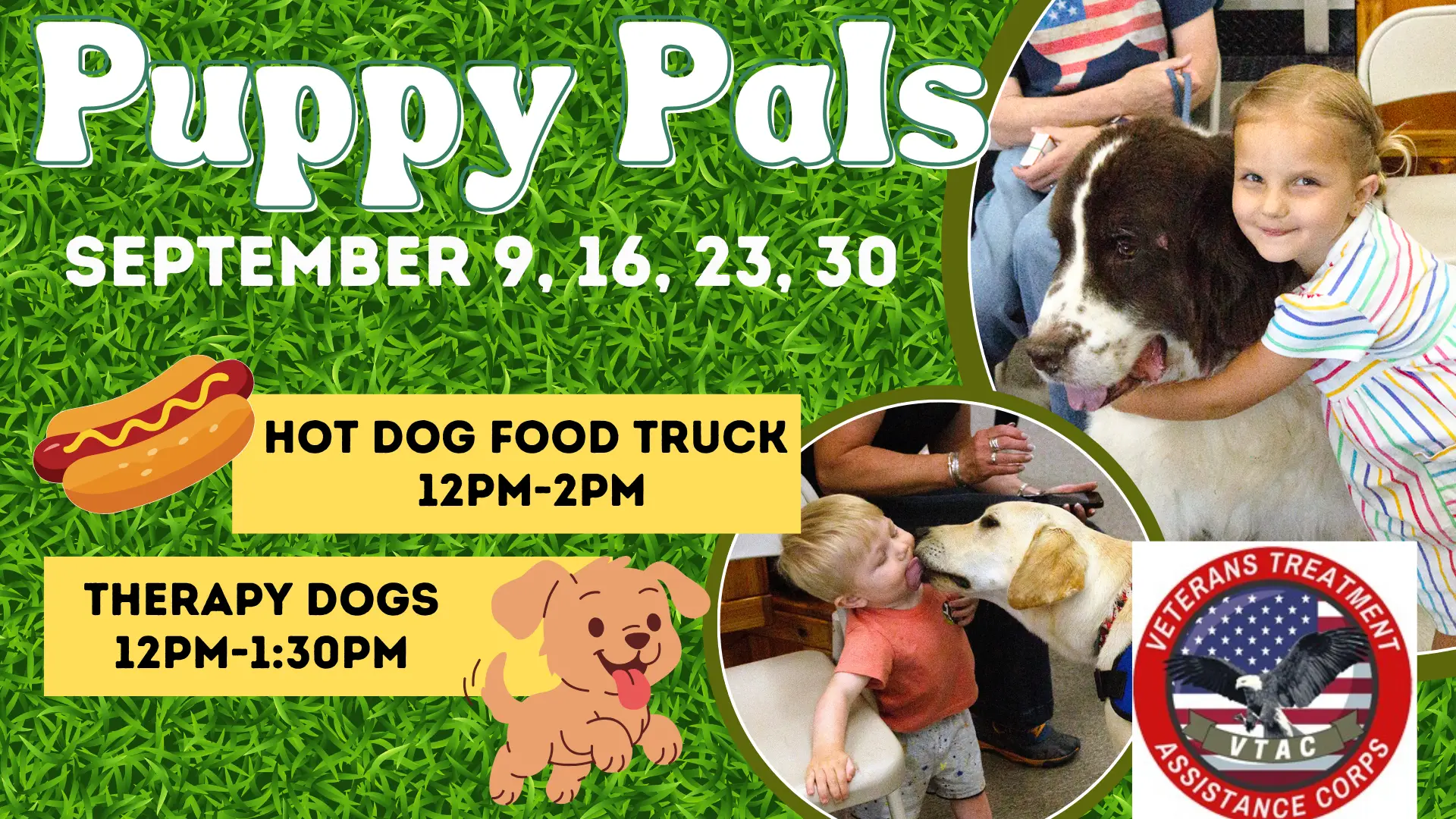 Hot Dogs and Therapy Dogs between 12-2pm on Wednesdays in September